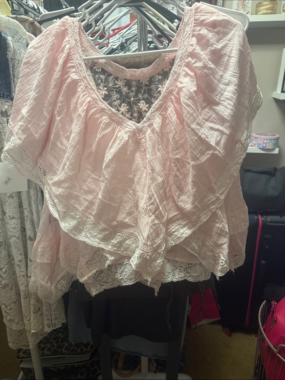 POL Pale Pink Lace-Trim Ruffle Peasant Blouse